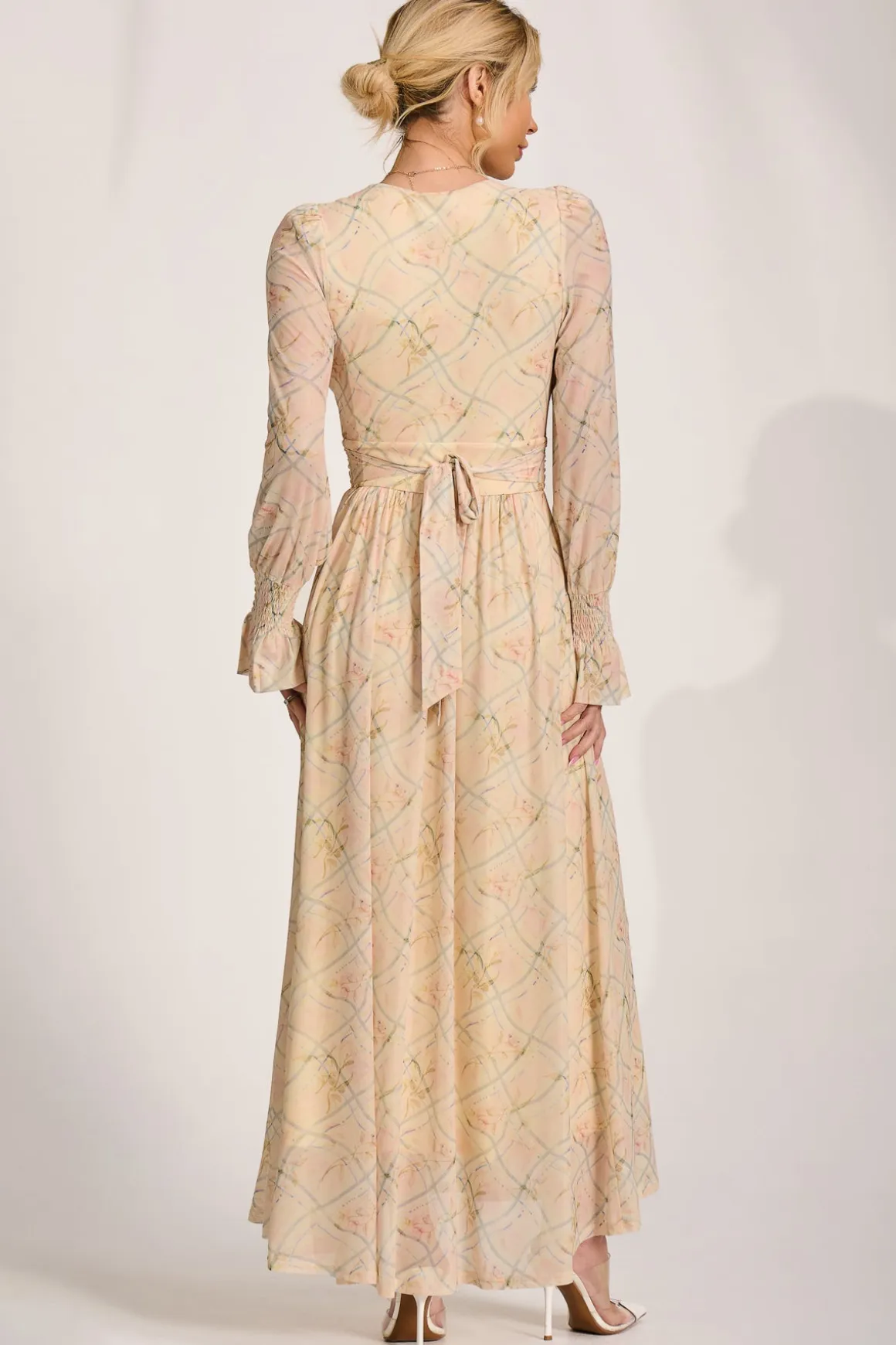 Long Sleeve V Neck Mesh Maxi Dress, Yellow Abstract