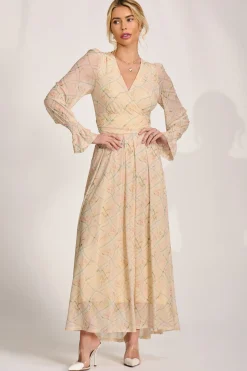 Long Sleeve V Neck Mesh Maxi Dress, Yellow Abstract