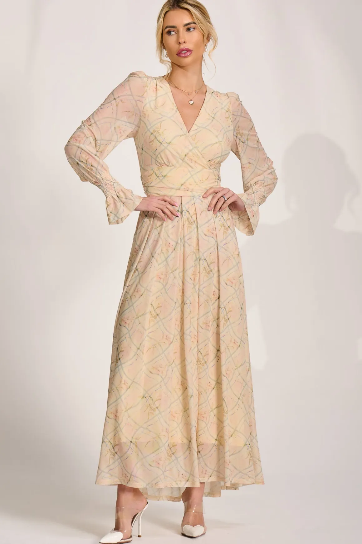 Long Sleeve V Neck Mesh Maxi Dress, Yellow Abstract