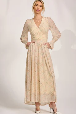 Long Sleeve V Neck Mesh Maxi Dress, Yellow Abstract