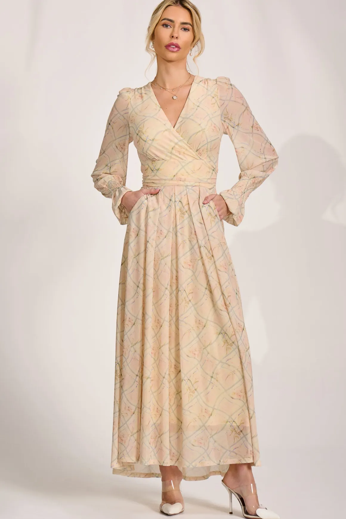 Long Sleeve V Neck Mesh Maxi Dress, Yellow Abstract