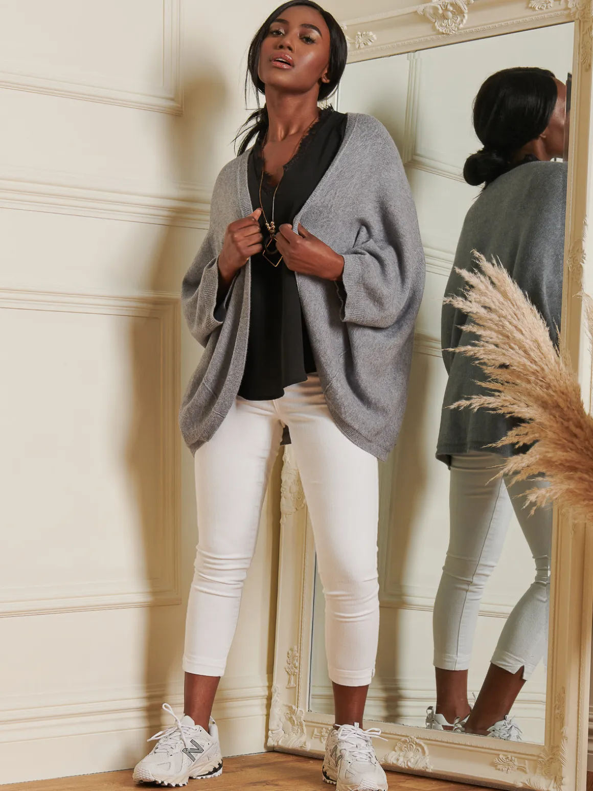 Loose Fit Batwing Knitted Cardigan, Grey Heather