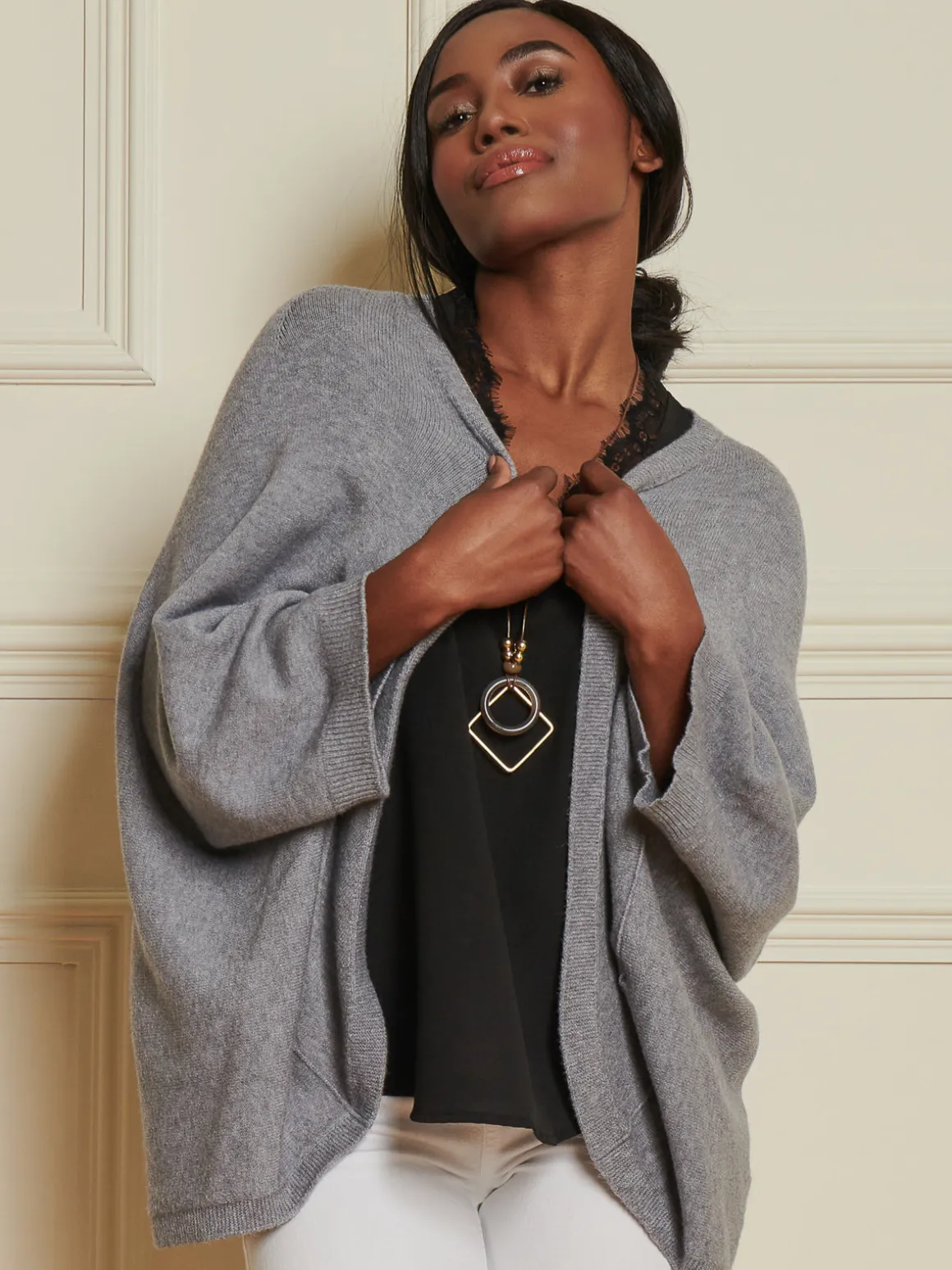 Loose Fit Batwing Knitted Cardigan, Grey Heather