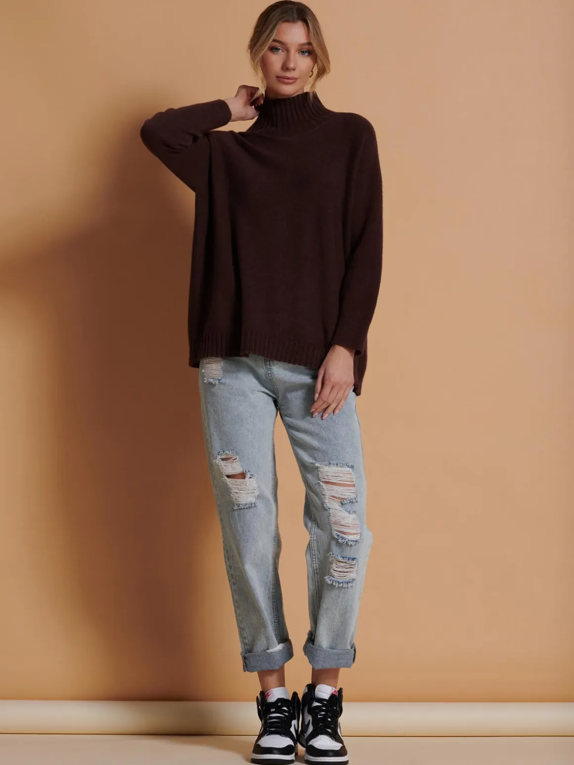 Loose Fit High Neck Jumper, Maroon