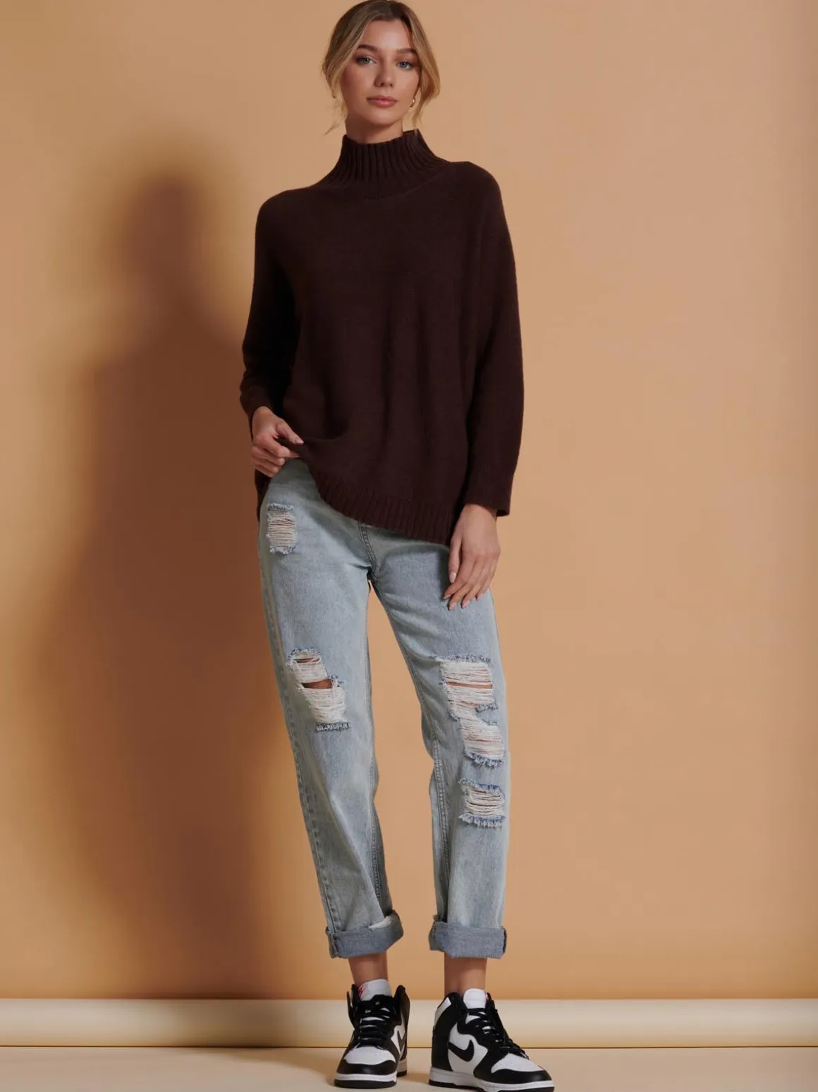 Loose Fit High Neck Jumper, Maroon