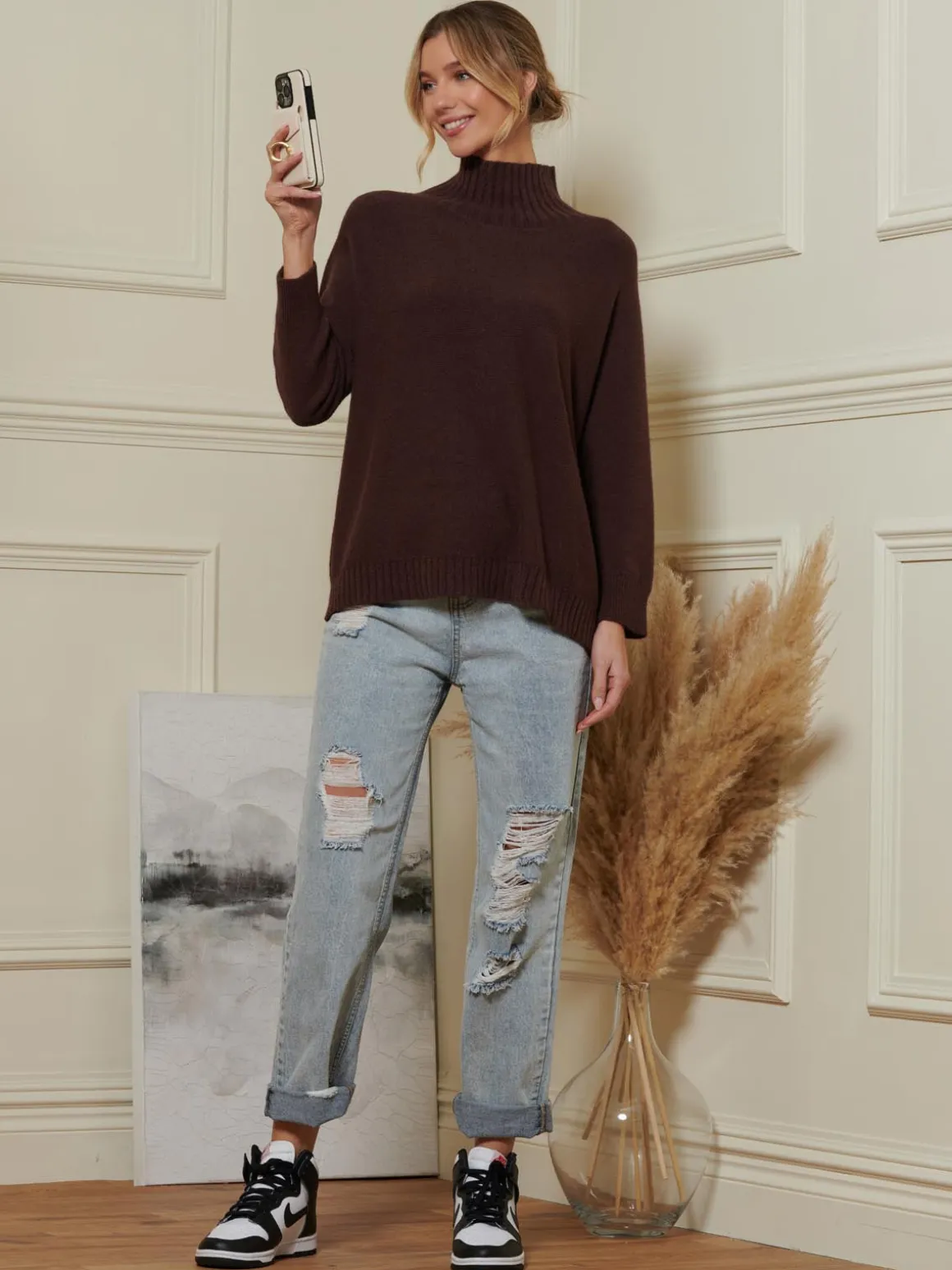 Loose Fit High Neck Jumper, Maroon