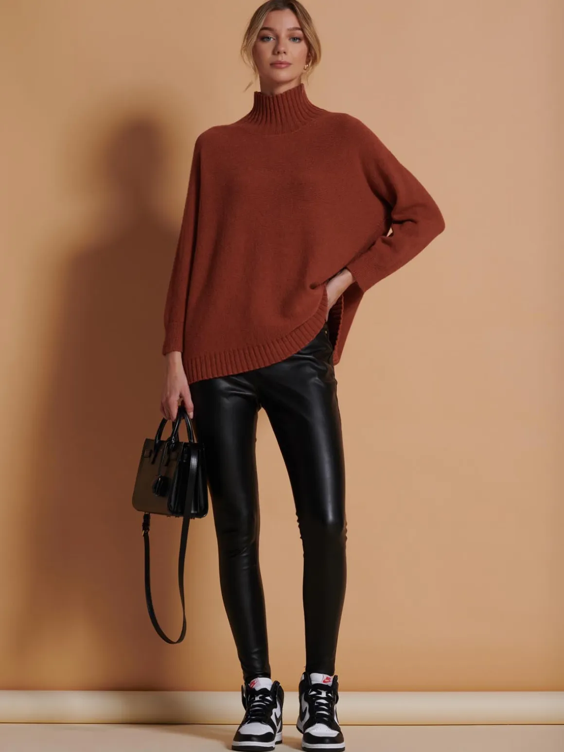 Loose Fit High Neck Jumper, Rusty Red