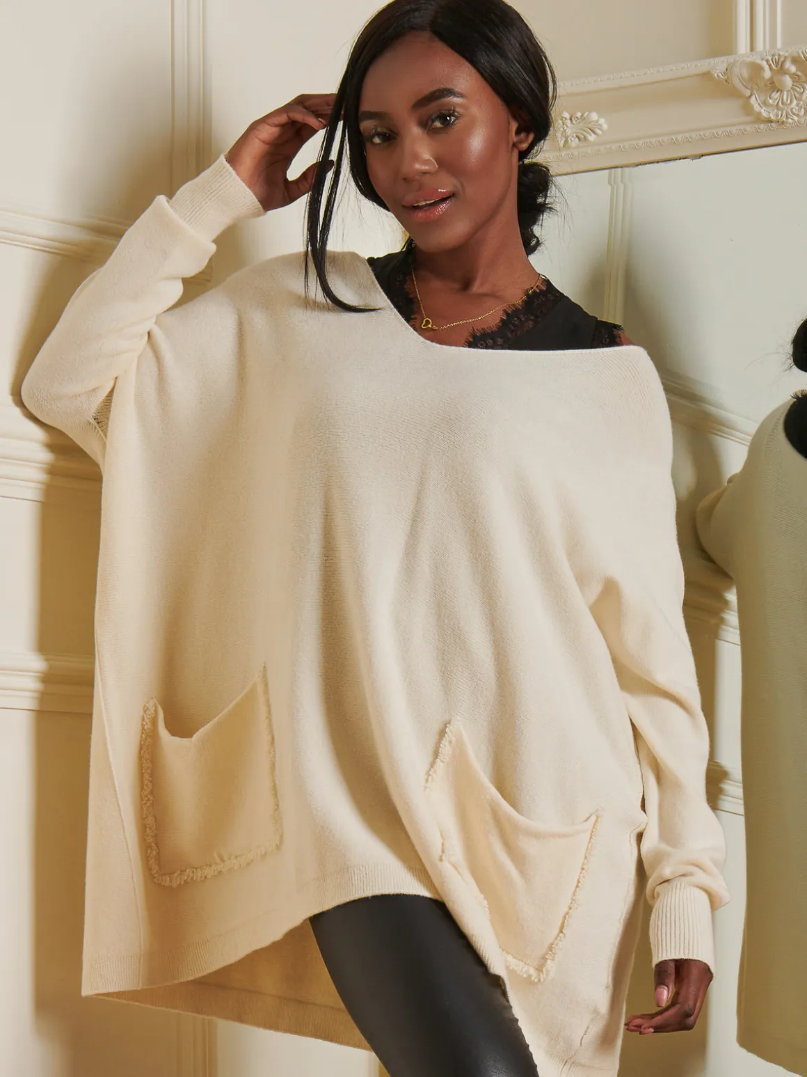 Loose Fit Pocket Knit Jumper, Cream