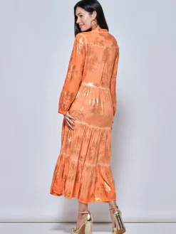 Loose Fit Tiered Holiday Maxi Shirt Dress, Orange Multi