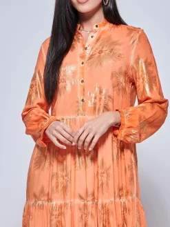 Loose Fit Tiered Holiday Maxi Shirt Dress, Orange Multi