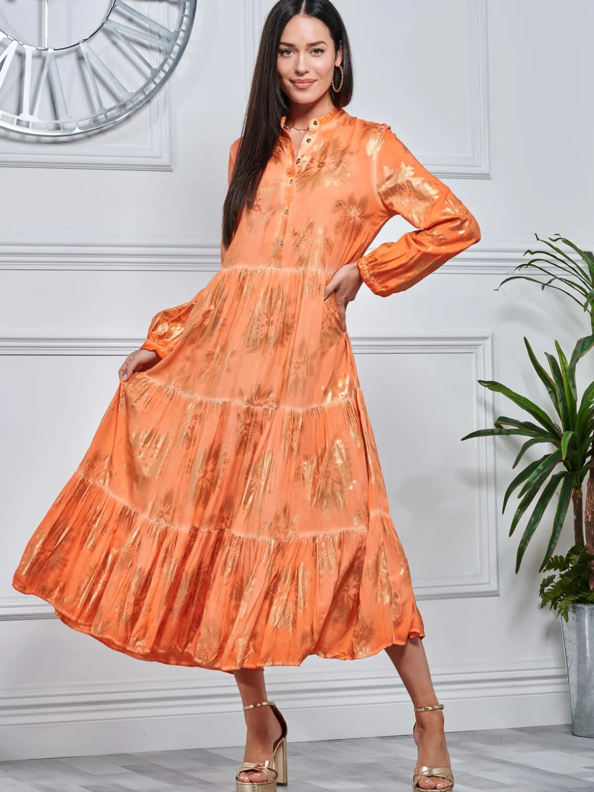 Loose Fit Tiered Holiday Maxi Shirt Dress, Orange Multi