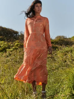 Loose Fit Tiered Holiday Maxi Shirt Dress, Orange Multi
