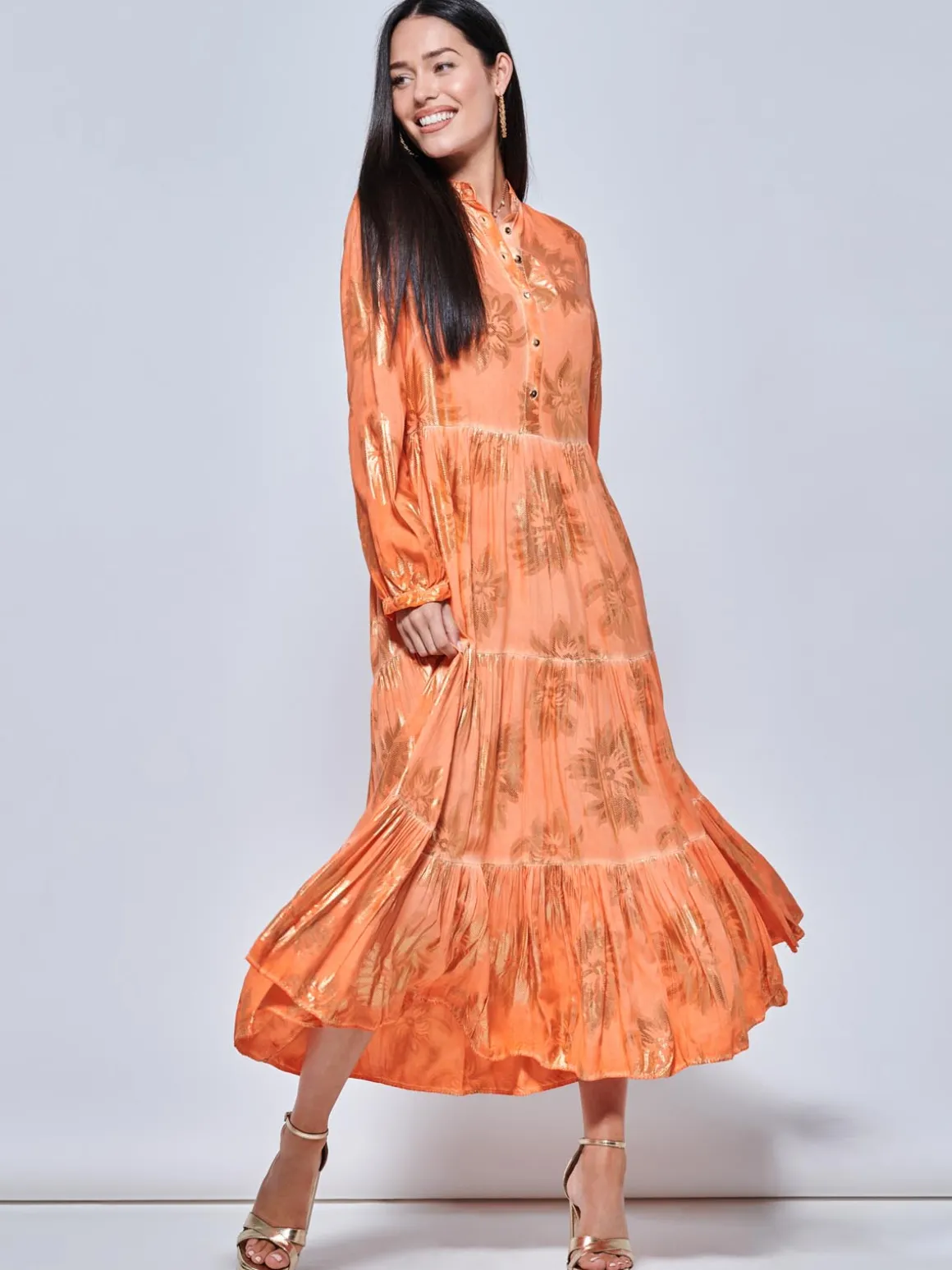 Loose Fit Tiered Holiday Maxi Shirt Dress, Orange Multi