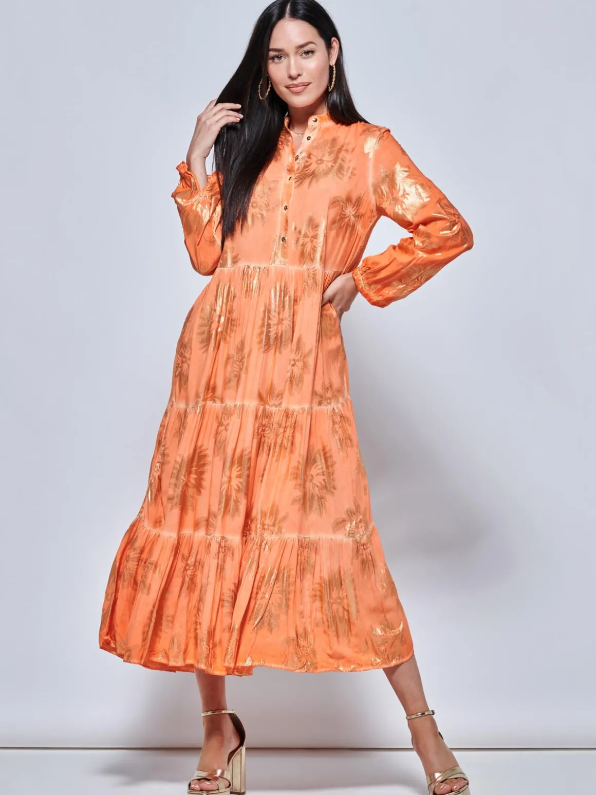 Loose Fit Tiered Holiday Maxi Shirt Dress, Orange Multi