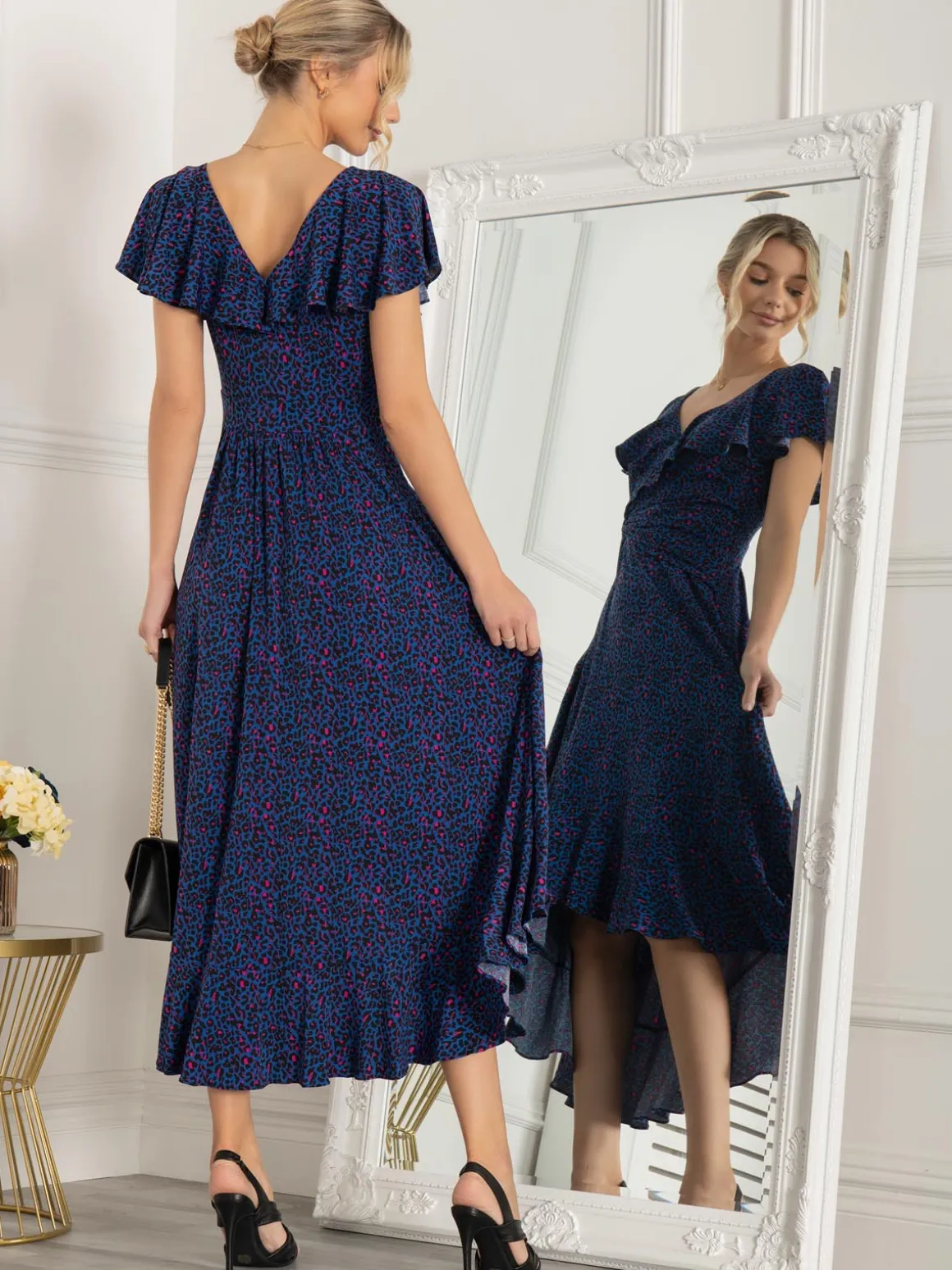 Luciana Frilly Dip Leopard Maxi Dress, Blue Animal
