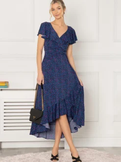 Luciana Frilly Dip Leopard Maxi Dress, Blue Animal