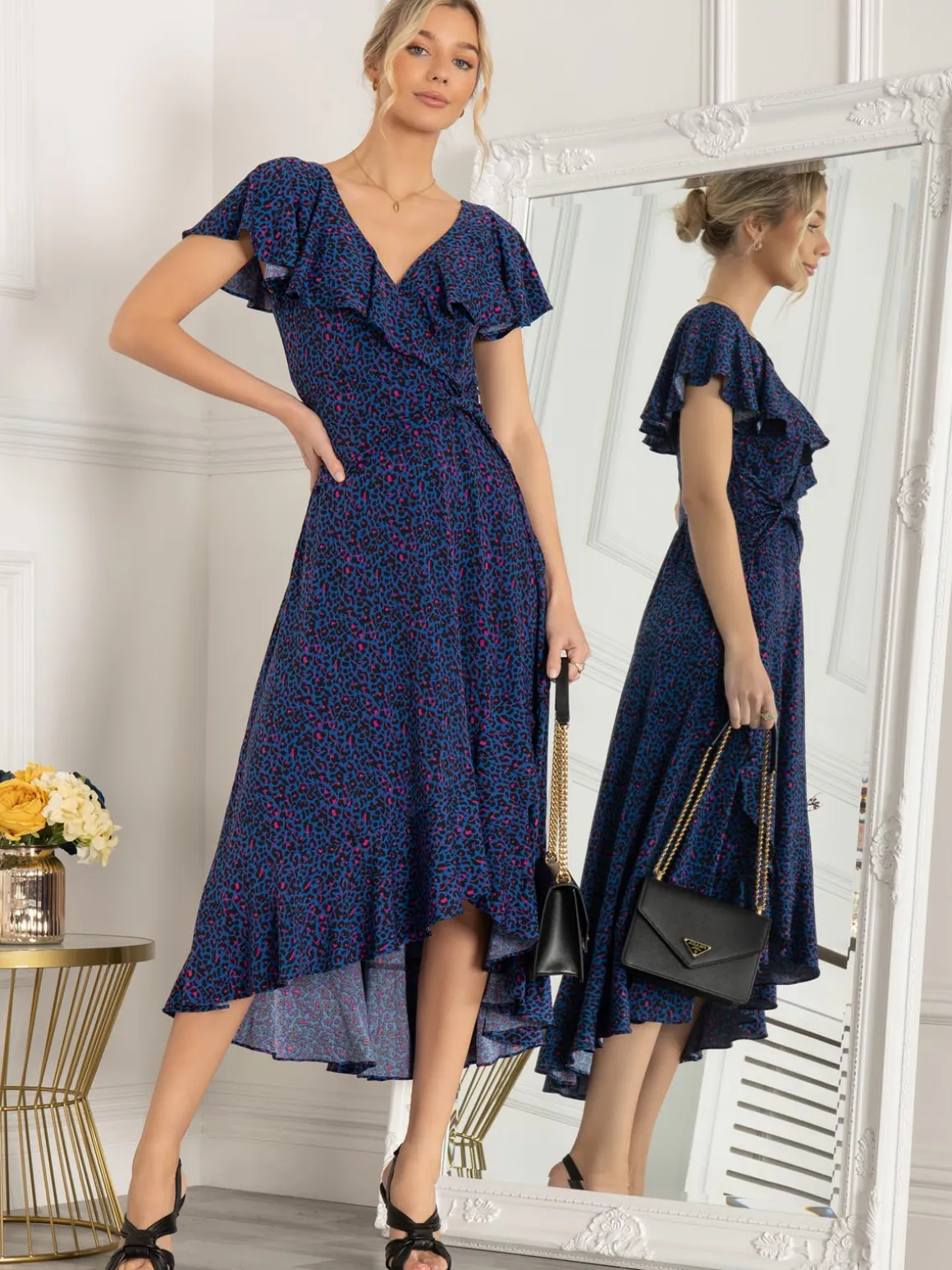 Luciana Frilly Dip Leopard Maxi Dress, Blue Animal