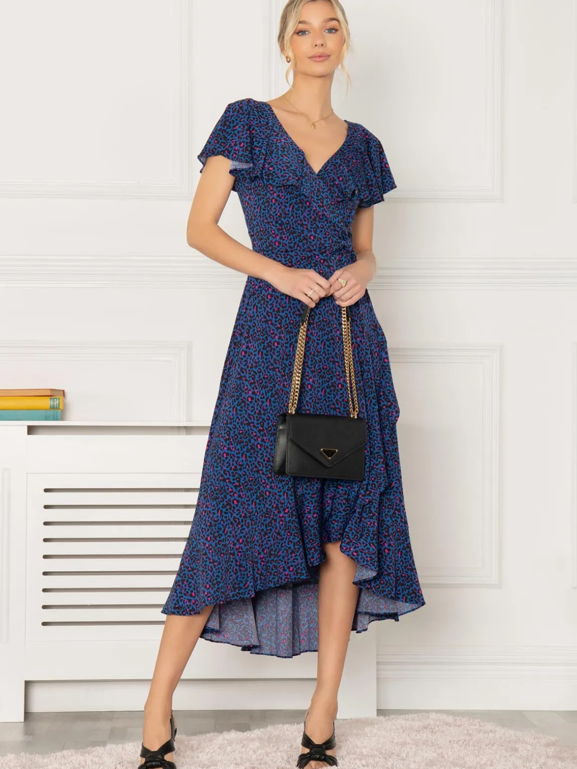Luciana Frilly Dip Leopard Maxi Dress, Blue Animal