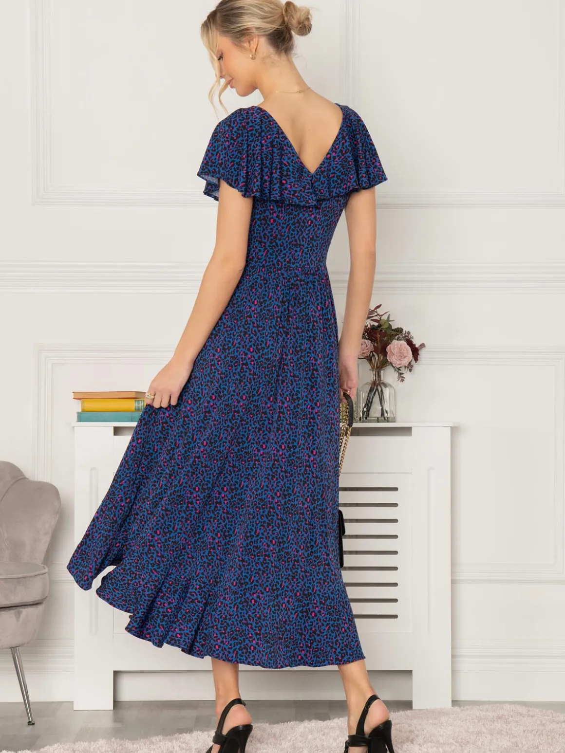Luciana Frilly Dip Leopard Maxi Dress, Blue Animal