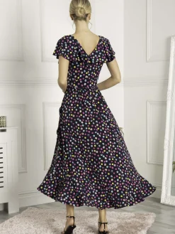 Luciana Frilly Dipped Hem Dress, Navy Polka Dot