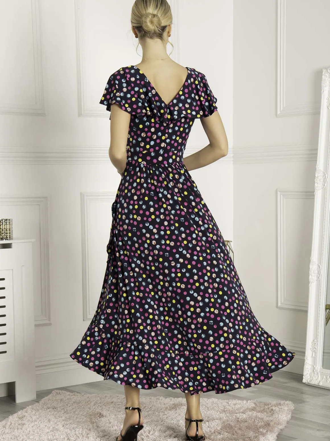 Luciana Frilly Dipped Hem Dress, Navy Polka Dot