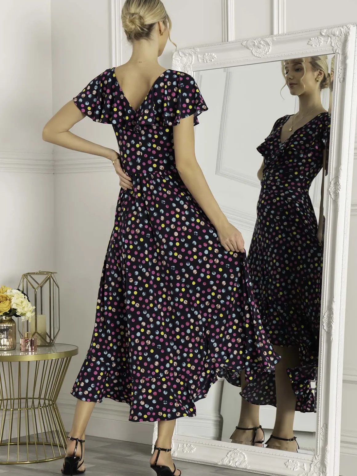 Luciana Frilly Dipped Hem Dress, Navy Polka Dot