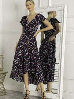 Luciana Frilly Dipped Hem Dress, Navy Polka Dot