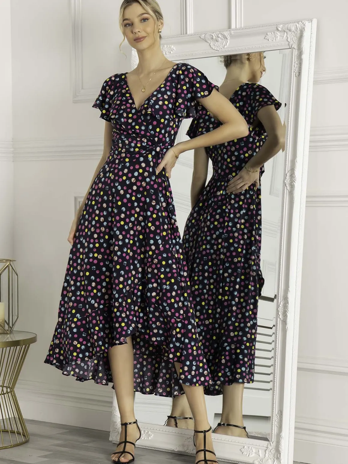 Luciana Frilly Dipped Hem Dress, Navy Polka Dot