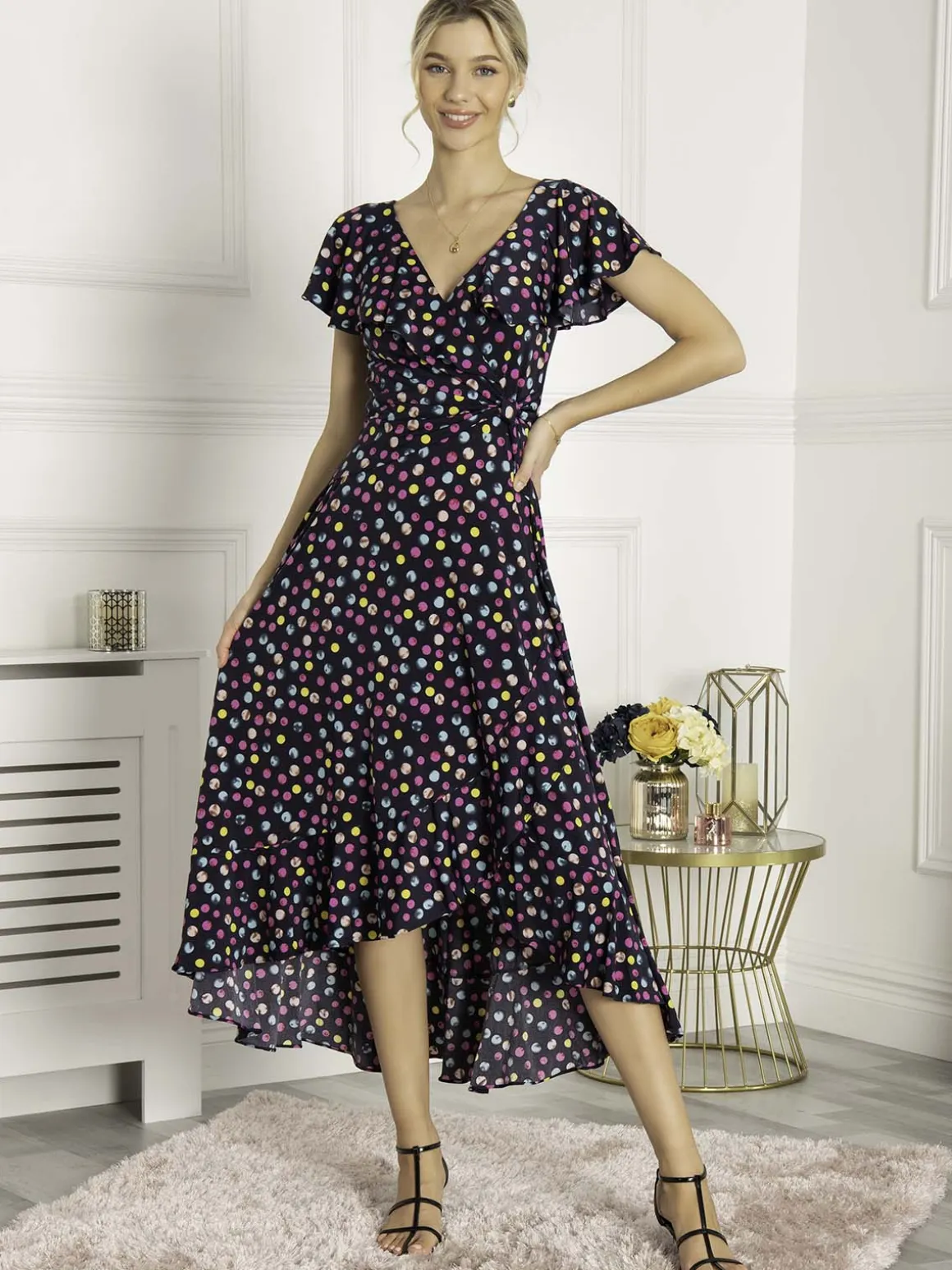 Luciana Frilly Dipped Hem Dress, Navy Polka Dot