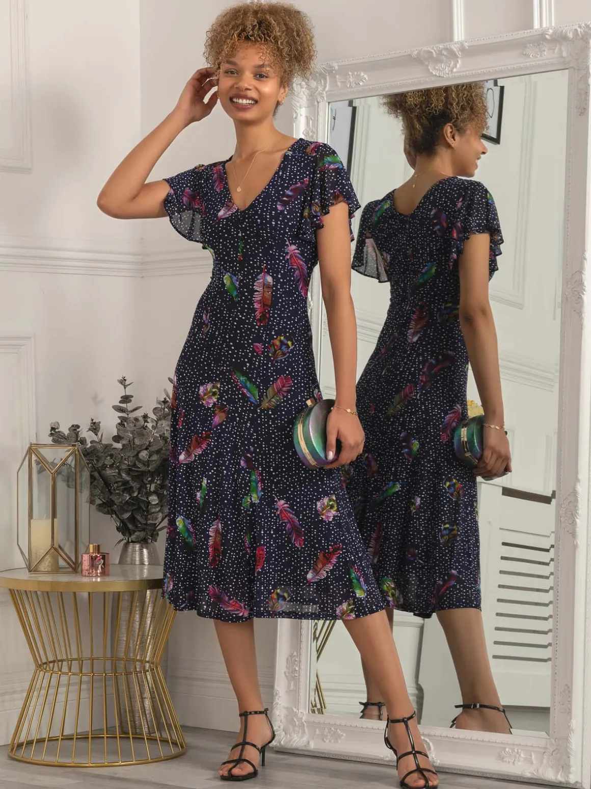 Lucille Fit & Flare Mesh Dress, Navy Multi