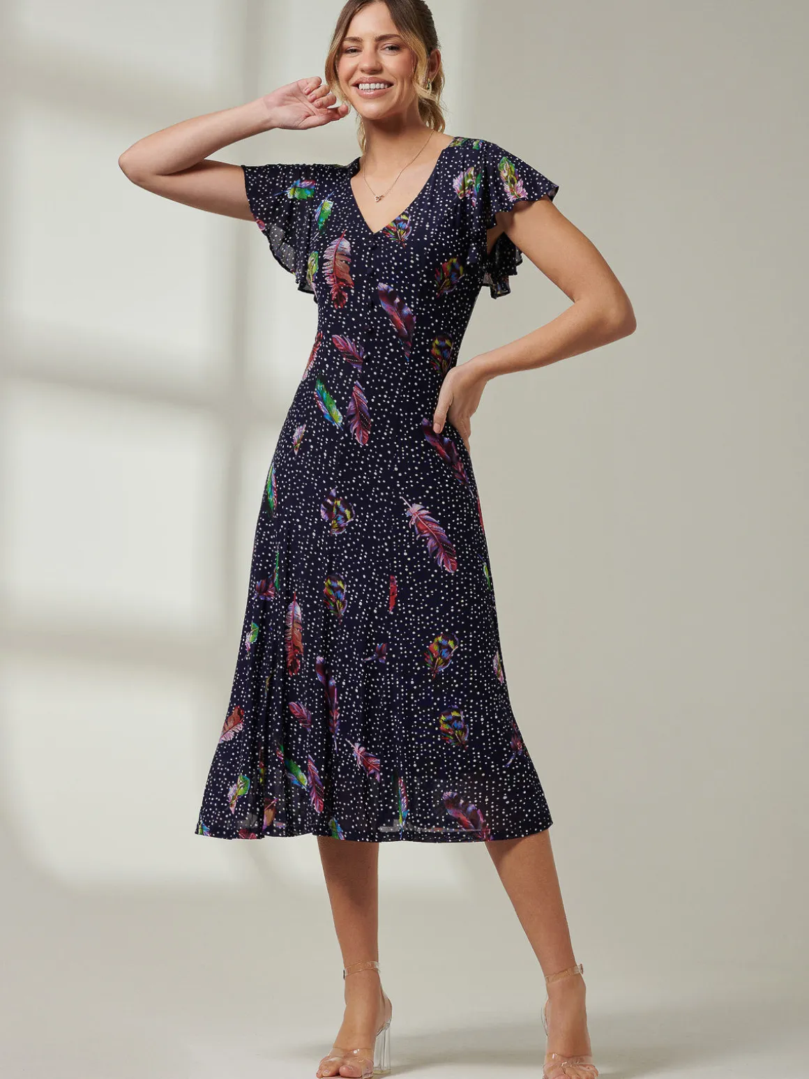 Lucille Fit & Flare Mesh Dress, Navy Multi