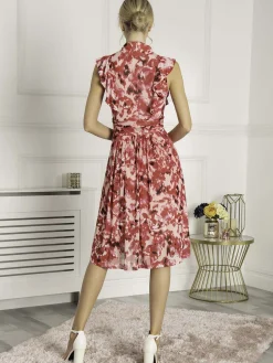 Lunna High Neck Floral Midi Dress, Red Abstract
