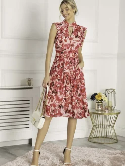 Lunna High Neck Floral Midi Dress, Red Abstract
