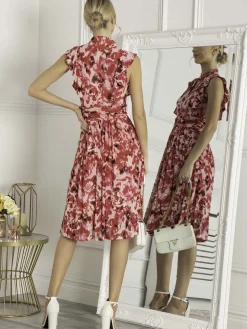 Lunna High Neck Floral Midi Dress, Red Abstract