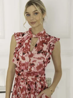 Lunna High Neck Floral Midi Dress, Red Abstract