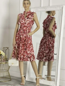 Lunna High Neck Floral Midi Dress, Red Abstract