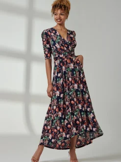 Maanasi Ruched Sleeve Jersey Maxi Dress, Navy Floral