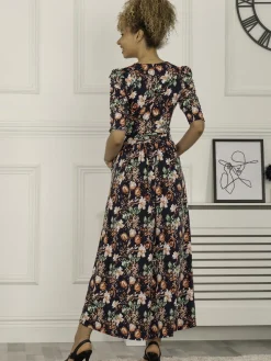 Maanasi Ruched Sleeve Jersey Maxi Dress, Navy Floral
