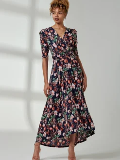 Maanasi Ruched Sleeve Jersey Maxi Dress, Navy Floral