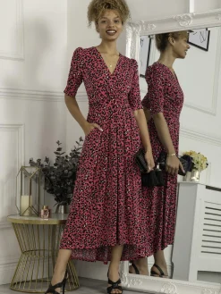 Maanasi Ruched Sleeve Jersey Maxi Dress, Pink Animal