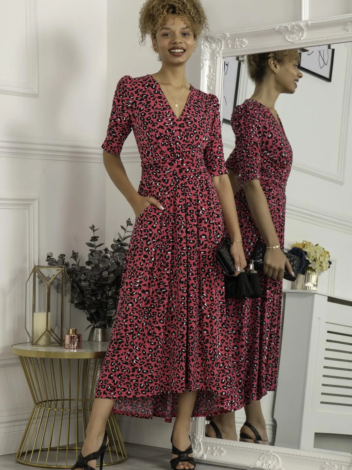 Maanasi Ruched Sleeve Jersey Maxi Dress, Pink Animal