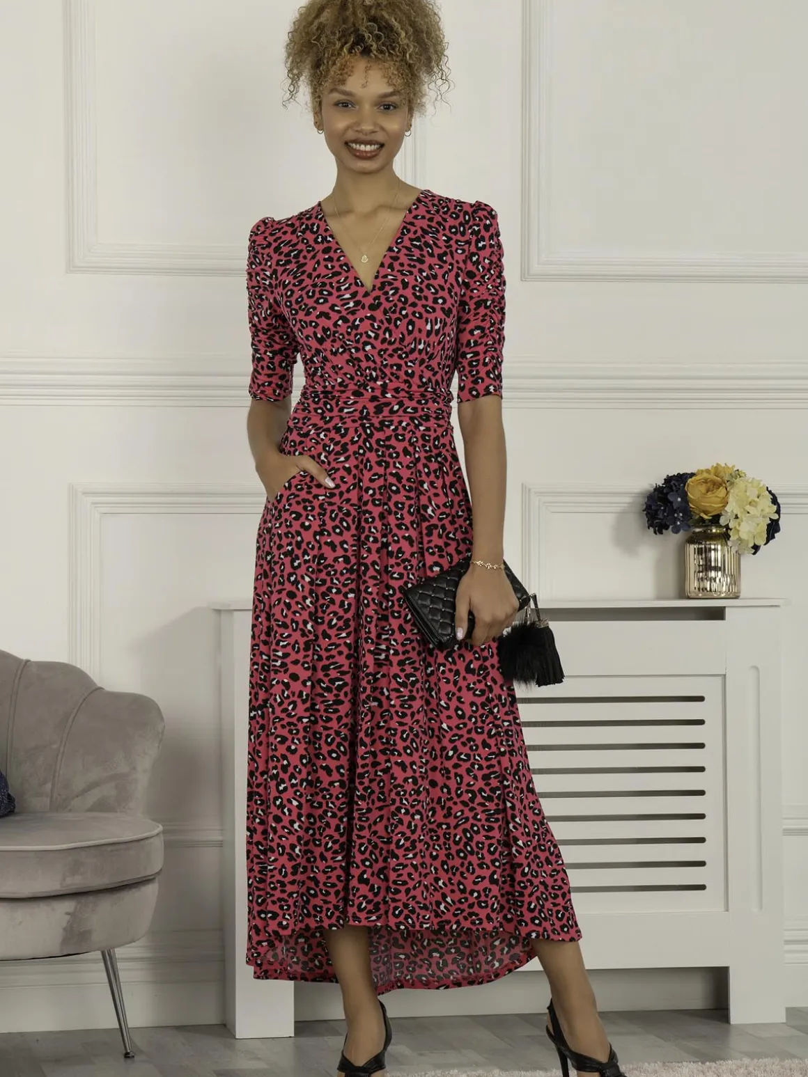 Maanasi Ruched Sleeve Jersey Maxi Dress, Pink Animal