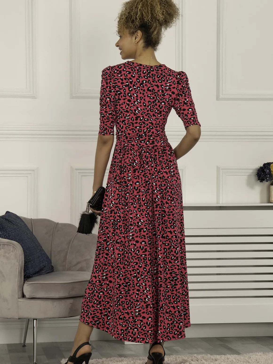 Maanasi Ruched Sleeve Jersey Maxi Dress, Pink Animal