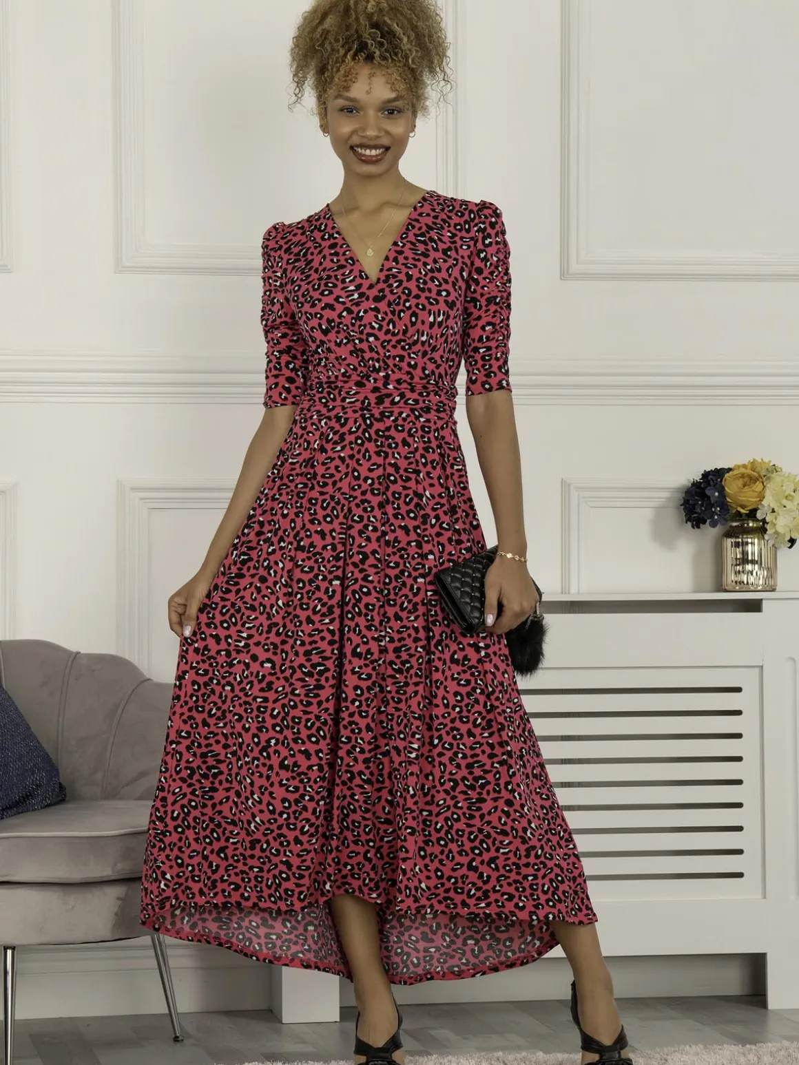 Maanasi Ruched Sleeve Jersey Maxi Dress, Pink Animal