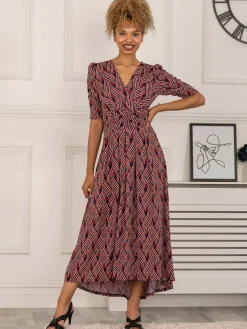 Maanasi Ruched Sleeve Jersey Maxi Dress, Red Abstract