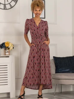 Maanasi Ruched Sleeve Jersey Maxi Dress, Red Abstract