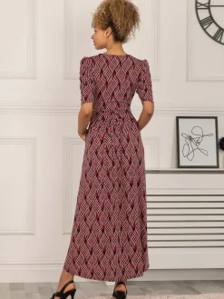 Maanasi Ruched Sleeve Jersey Maxi Dress, Red Abstract
