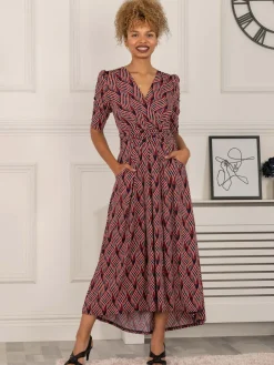 Maanasi Ruched Sleeve Jersey Maxi Dress, Red Abstract