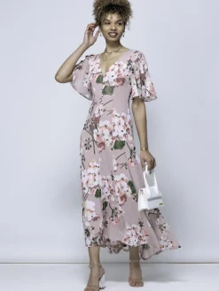 Mabilla Floral Print Mesh Maxi Dress, Dusty Pink