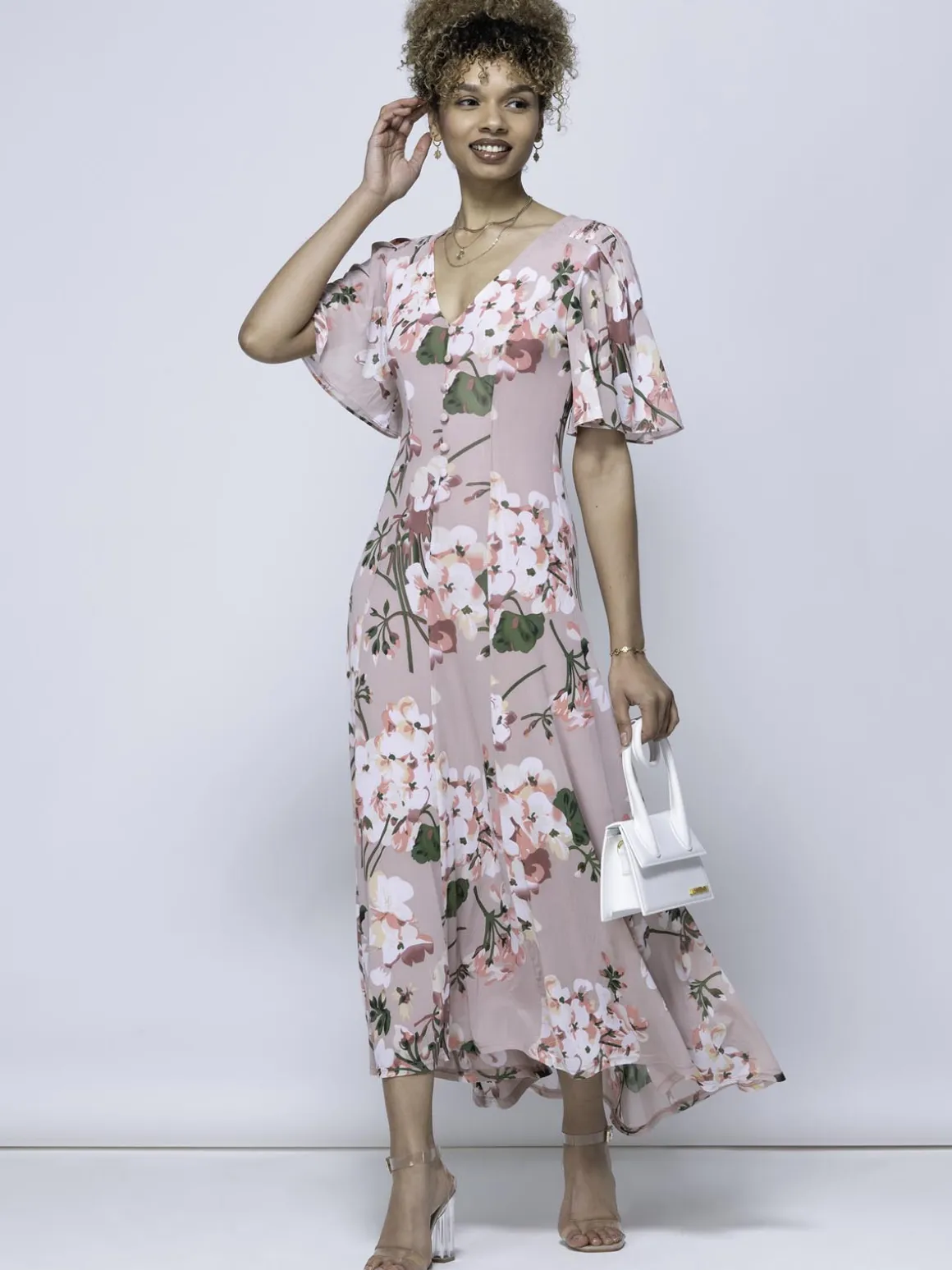 Mabilla Floral Print Mesh Maxi Dress, Dusty Pink
